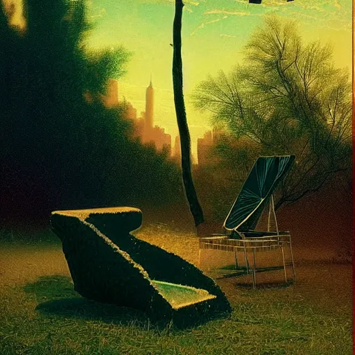 Prompt: synthwave deepfried excited New York cylinder cougar poplar tree chair baggage , by Albert Bierstadt and Beeple and Wojciech Siudmak , tarot card , 8K , masterpiece