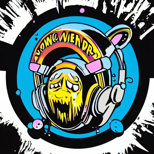 Image similar to svg sticker of a Pop-Wonder Alien-Bog-Monster-Swamp-Rat-Thunder-Coot-Racing-Fan at a rave, spinning records, giant headphones rocking out, wearing headphones, huge speakers, dancing, rave, DJ, spinning records, digital art, amazing composition, rule-of-thirds, award-winning, trending on artstation, featured on deviantart