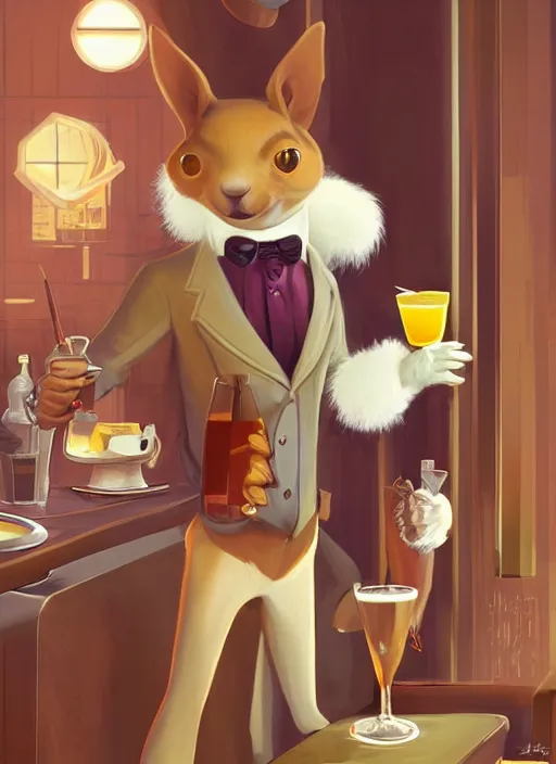 Image similar to squirrel anthro as a dapper bartender with a big, fluffy tail, retro futurism, art deco, detailed, painterly digital art by WLOP and Cory Loftis and Henry Justice Ford, 🐿🍸🍋, furaffinity, trending on artstation