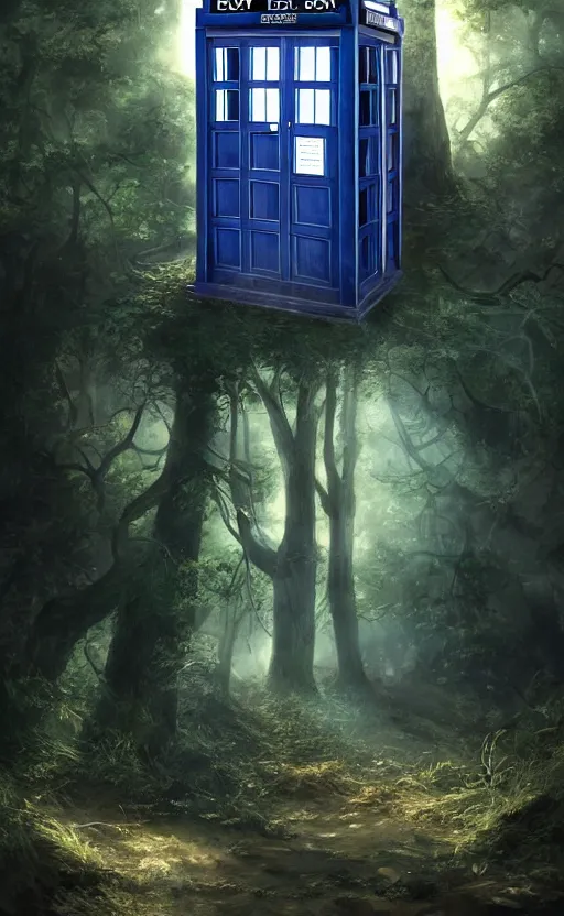 Image similar to a portrait of a tardis, in the woods, dynamic lighting, photorealistic fantasy concept art, trending on art station, stunning visuals, creative, cinematic, ultra detailed