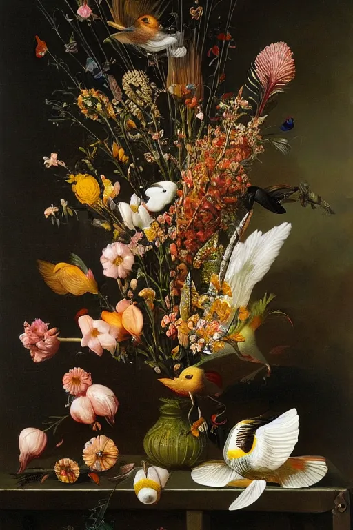 Image similar to painting of paradise birds flowers in a vase on a table, by rachel ruysch, ernst haeckel, audubon, dutch golden age, pop surrealism, biomorphic, made of birds and feathers