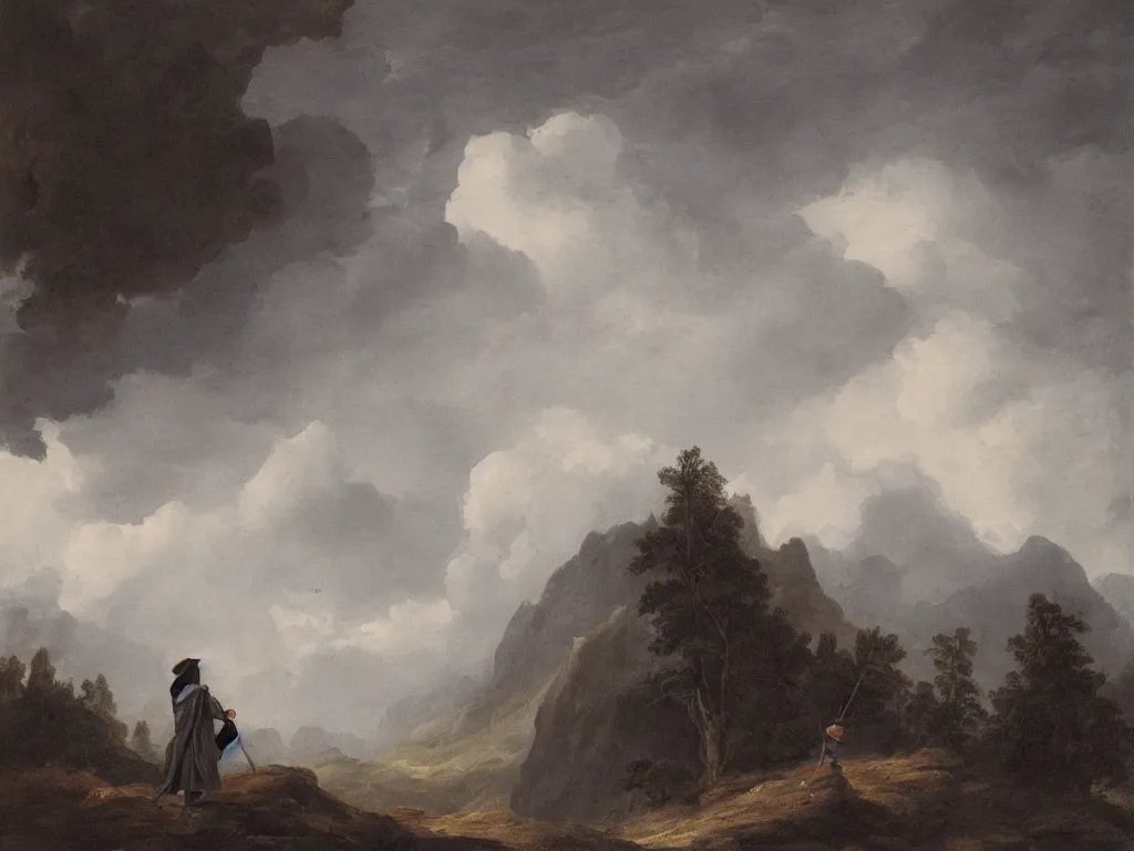 Image similar to a man in a grey cloak and brimmed hat with a staff travelling trough the forest and mountains looking at the clouds in the style of neo-romanticism