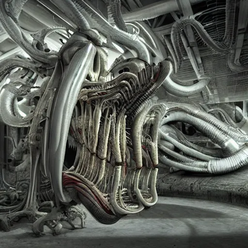 Prompt: highly detailed anatomical biomechanical industrial factory made to chew objects, biomechanical xenomorph machine made of teeth gums sinew muscle, disturbing biohorror saliva and ooze cinematic 3 d render unreal engine, volumetric lighting, by hr giger!!!