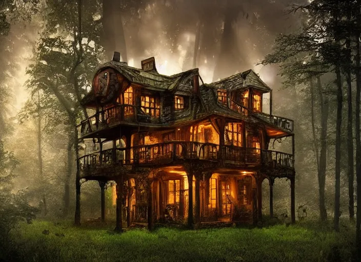 Prompt: house in a clearing in the middle of the forest, beautifully lit, steampunk, by france belleville - van stone