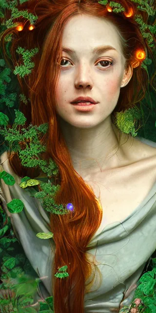 Image similar to young woman, smiling amazed, firefly lights, full covering intricate detailed dress, amidst nature, long red hair, precise linework, accurate green eyes, small nose with freckles, beautiful oval shape face, empathic, expressive emotions, dramatic lights, hyper realistic ultrafine art by artemisia gentileschi, jessica rossier, boris vallejo