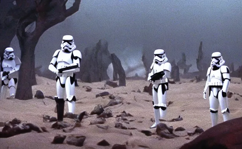 Image similar to screenshot from a scene of stormtrooper graveyard the lost jedi missing star wars film, 1980s film by Stanley Kubrick, moody lighting, stunning cinematography, hyper-detailed, sharp, anamorphic lenses, kodak color film, 4k