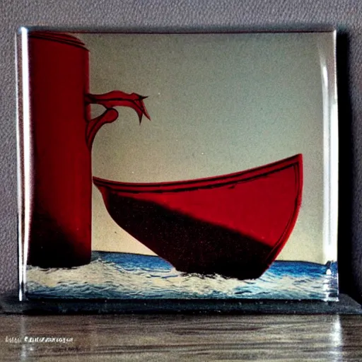 Prompt: red ship on galle etched glass vase floating on the ocean