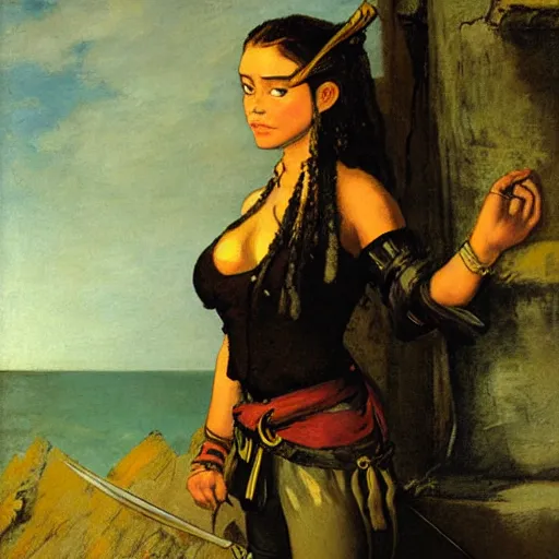 Image similar to a female pirate from avatar, painting by courbet