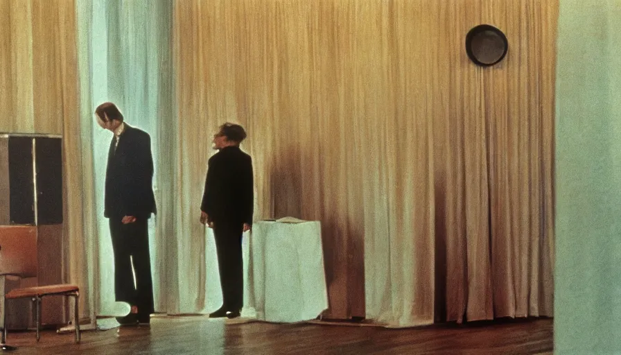 Prompt: 70s movie still of a man with elongated head in a soviet ballroom, eastmancolor, heavy grain, high quality, higly detailed, liminal space