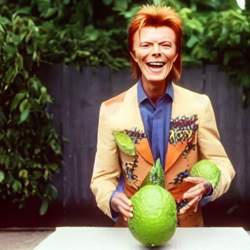 Image similar to david bowie laughing at the too many limes he is trying to carry in his hands