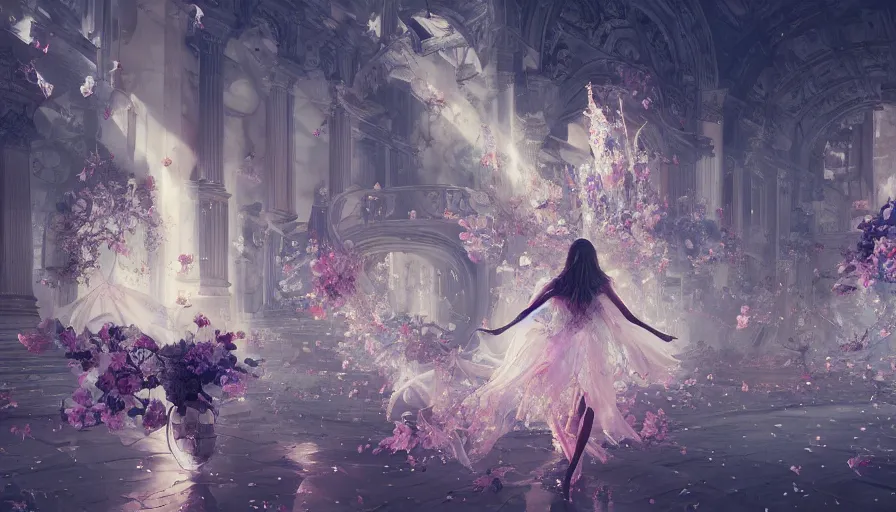 Image similar to victoria secret runway show, light, shadows, reflections, flowers, epic composition, intricate, elegant, volumetric lighting, digital painting, highly detailed, artstation, sharp focus, illustration, concept art, ruan jia, steve mccurry, greg rutkowski, mina petrovic, timothy kong, marina federovna, concept art, iconic