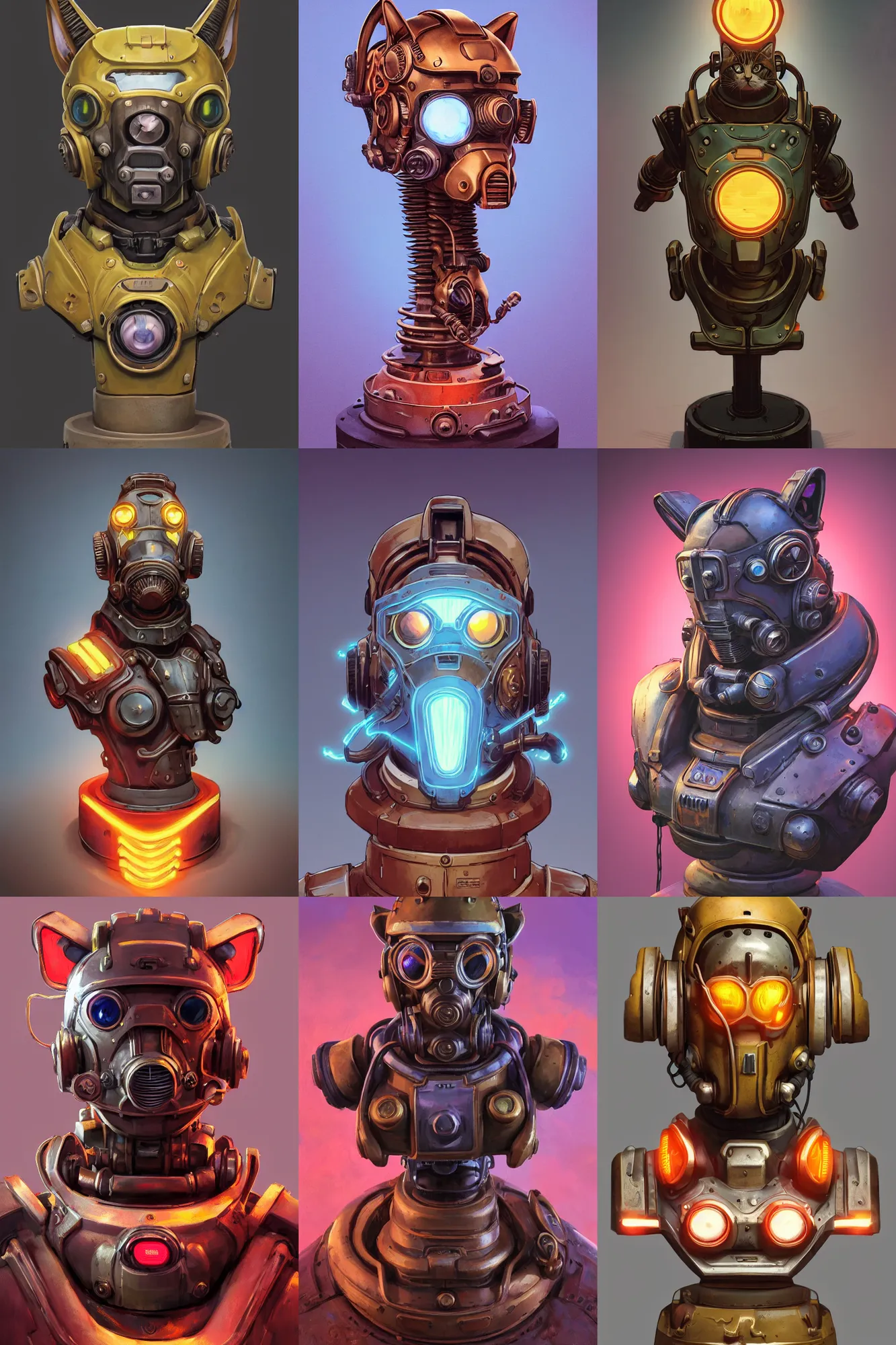 Prompt: hardmesh retro futurist steampunk fallout 7 6 power armor bust of a cat, hyper realistic, official fanart hd artstation by jesper ejsing rhads makoto shinkai lois van baarle ilya kuvshinov rossdraws feng zhu loish laurie greasley victo ngai andreas rocha john harris radiating a glowing aura global illumination ray tracing hdr