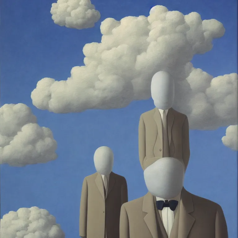 Image similar to cloud - man, by rene magritte, centered, detailed painting, hd, hq, high resolution, high detail, 4 k, 8 k