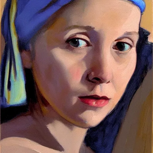 Image similar to greg manchess portrait painting of the girl with the pearl earring with the face of carrie fisher, medium shot, asymmetrical, profile picture, organic painting, sunny day, matte painting, bold shapes, hard edges, street art, trending on artstation, by huang guangjian and gil elvgren and gerald brom