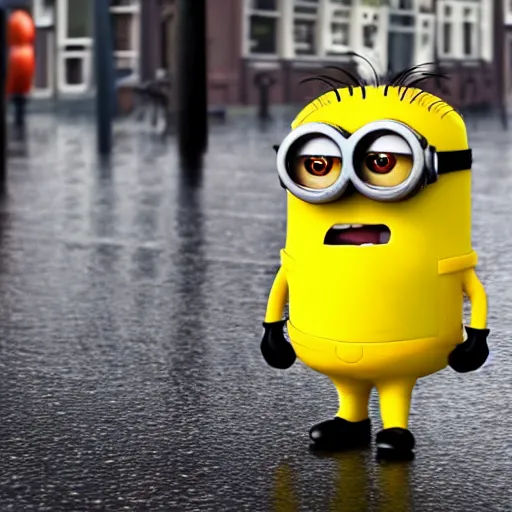 Prompt: a super cute minion walking on the streets of amsterdam in the rain, movie still, photorealistic 4 k
