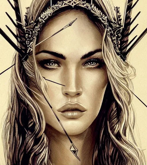 Image similar to portrait of megan fox as beautiful aphrodite goddess as an archer, arrow crown, beautiful piercing eyes, flowing blonde hair, realistic face, black and white drawing, in the style of greg rutkowski, fantasy, amazing detail, epic, intricate, elegant, smooth, sharp focus