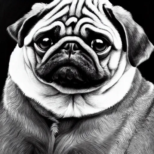 Image similar to a gigachad pug, black and white, intricate, masterpiece, stunning, oil painting