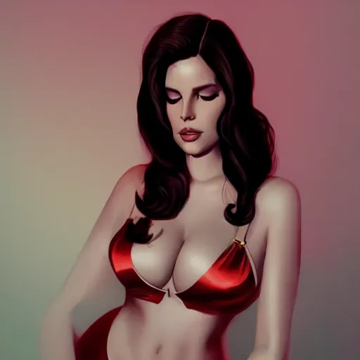 Image similar to detailed photo of lana del rey wearing a playboy bunny outfit, 8 k, by greg rutkowski, artgerm, global illumination