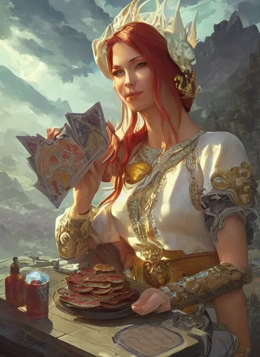 Image similar to sandwich, hamburger, steak, drinks, d & d, fantasy, intricate, elegant, highly detailed, digital painting, artstation, concept art, matte, sharp focus, illustration, hearthstone, art by artgerm, art by greg rutkowski, art by alphonse mucha