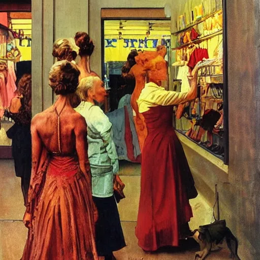 Image similar to action scene of women shopping, oil painting by frank frazetta and norman rockwell, cinematic, hyperreal, intense, highly textured, wide angle, insanely detailed, god rays, 3 5 mm, shallow depth of field