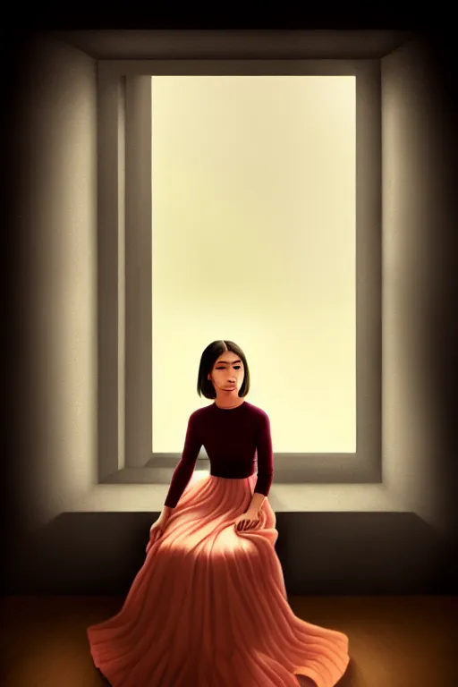 Image similar to joana sitting lookin at window composition : dynamic lighting, digital painting, center of interest, intricate, proportion, highly quality, balance, unity, extremely highly detailed. by bambang nurdianshyah ( details and background ) garis edelweiss ( lighting ) roby dwi antono ( character ) kira ayn varszegi ( dress )