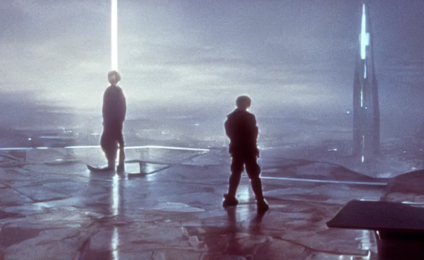 Image similar to iconic cinematic still portrait shot of luke skywalker downtrodden standing with a view of coruscant at sunset, from the thrilling scene from the 1 9 9 0 s sci fi film directed by stanley kubrick, moody cinematography, foggy volumetric lighting, hyper detailed scene, anamorphic lenses 2 4 mm, lens flare, award winning