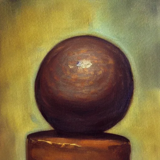 Image similar to impressionist painting of a round boulder on a pedestal smoking a cigarette, brown background