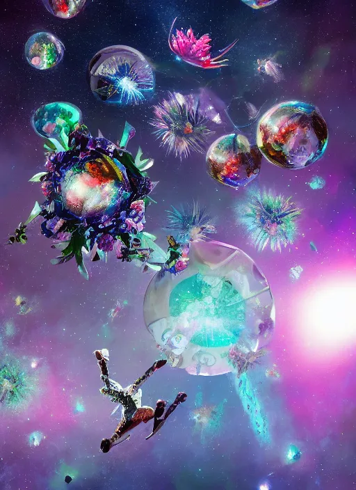 Image similar to An epic fantastic realism comic book style painting of the most beautiful flowers launched into space, perfect shiny silver iridescent dichroic spheres, bouquets, fisheye lens, unreal 5, DAZ, hyperrealistic, octane render, dynamic lighting