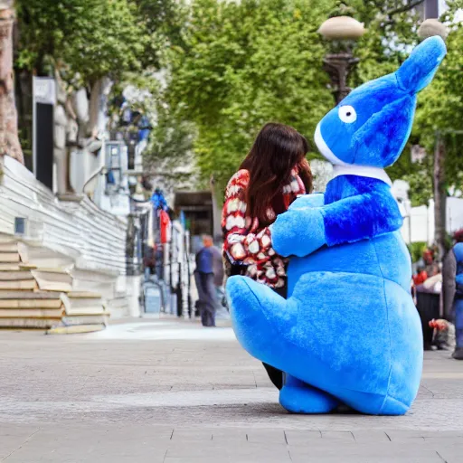 Image similar to blue'snappy gifts'human - sized plush doll, on sidewalk, giving gifts to people, happy atmosphere, high detail, soft lighting, 8 k