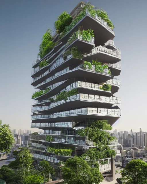 Image similar to a beautiful 3d renderings of buildings, architecture by Kengo Kuma. green architecture, 14mm, cinematic , high resolution 4k, cg architects, vray