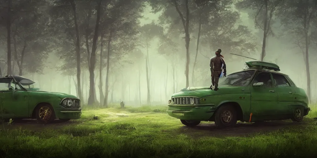 Prompt: knight sits on hood of a green car, elegant scene, indian forest, wide angle, cinematic, ultrarealistic, trending on artstation, cgsociety, highly detailed, color graded, rendered in unreal engine 4 k hq, matte painting, by simon stalenhag, horizon forbidden west