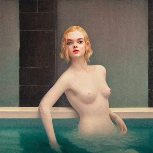 Prompt: Elle Fanning in a white porcelain bathtub with teal water in the style of Paola Vetri, head and shoulders portrait, stormy weather, extremely detailed masterpiece, oil on canvas, low-key neon lighting, artstation, Blade Runner 2049, Roger Deakin’s cinematography, by J. C. Leyendecker and Peter Paul Rubens and Edward Hopper and Michael Sowa,