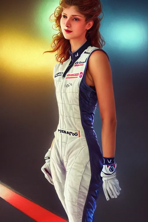 Prompt: portrait beautiful female formula one racer, wearing formula one racer uniform, at racer track, formula one car, ssci-fi, fantasy, intricate, very very beautiful, elegant, human anatomy, neon light, highly detailed, digital painting, artstation, concept art, soft light, smooth, sharp focus, illustration, art by tian zi and WLOP and alphonse mucha