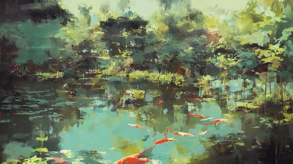 Image similar to painting of a koi pond by ismail inceoglu