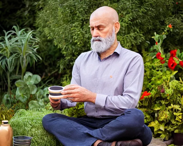 Image similar to mr robert is drinking fresh tea and meditate in a garden from spiral mug, detailed calm face, grey short beard, golden hour, red elegant shirt