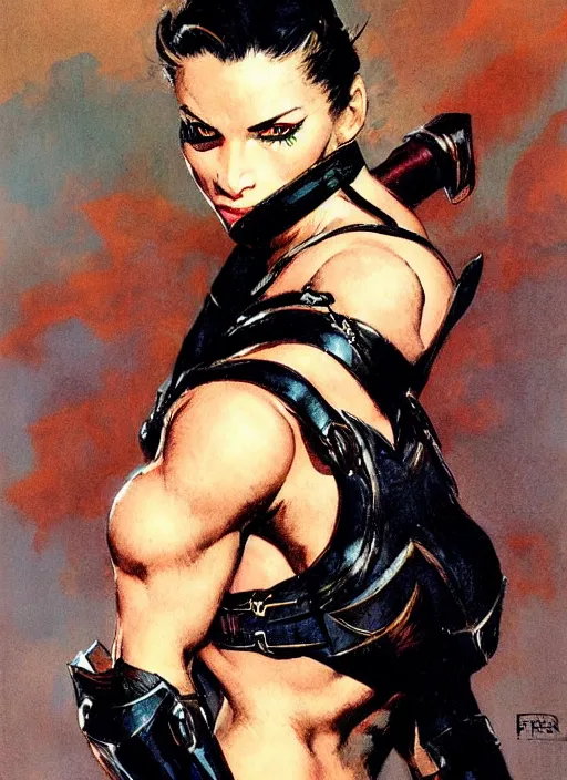 Image similar to portrait of strong female ranger, beautiful! coherent! by frank frazetta, by brom, strong line, deep color, leather armor, short buzzed hair, high contrast