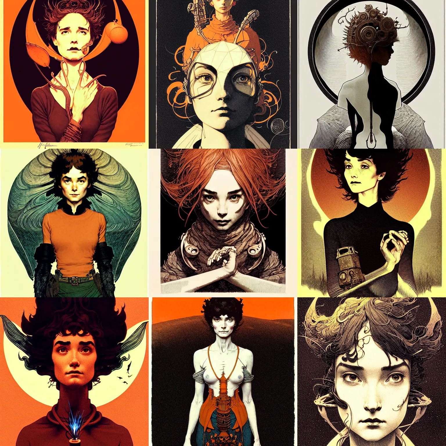 Prompt: portrait top light, by killian eng and joe fenton, norman rockwell, bouguereau and martin deschambault and conrad roset, inspired by nausicaa of the valley of the wind, orange and black only, etching, fine, sharp high detail,