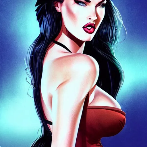 Prompt: a pinup illustration of megan fox in the style of anna dittmann and in the style of alex ross.