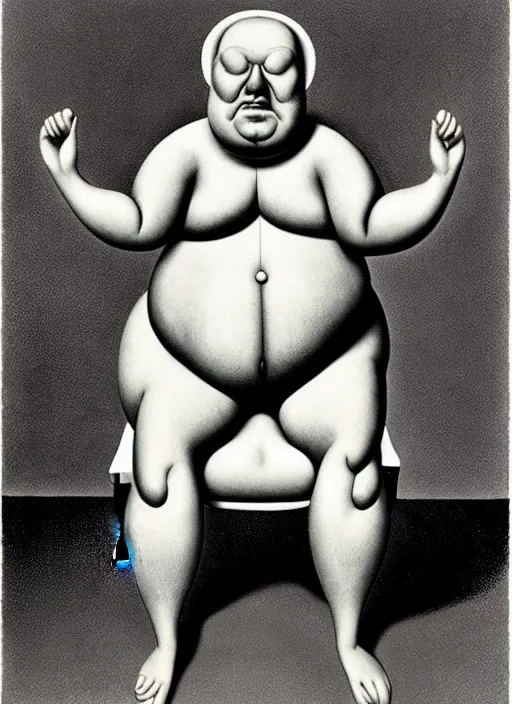 Image similar to fat man sitting on chair, sweat, fat, frustrated, art by gertrude abercrombie and hans bellmer and william blake