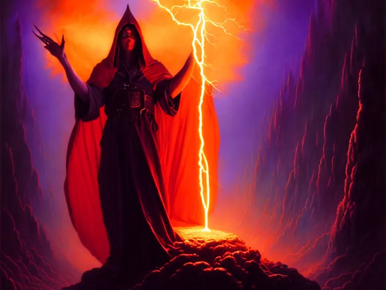 Prompt: darker shades of hopeful sins by michael whelan and peter driben and quentin massys and hubert robert and greg staples and william etty, beautiful, mythical, cloak, robe, highly detailed, hyperrealistic, intricate, energy, orange electricity, blue flame, low light, purple crystals, high contrast, lifelike