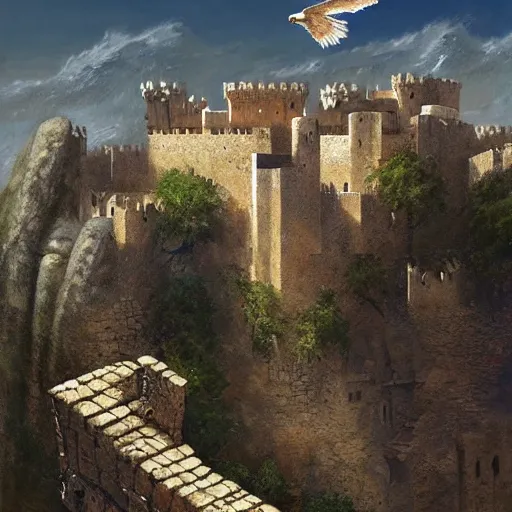 Prompt: an eagle soaring over the fortress of Masyaf by Marc Simonetti, 4K ultra-HD, very detailed