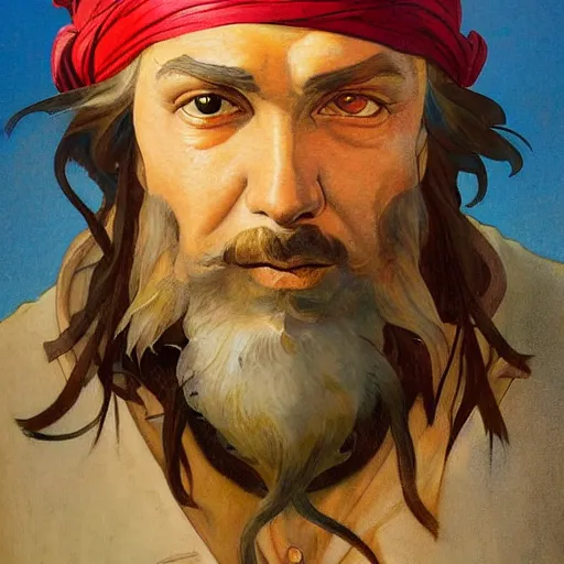 Image similar to N. C. Wyeth painting bearded pirate, painted fantasy character portrait, headshot, fantasy, highly detailed, digital painting, artstation, concept art, sharp focus, illustration, art by the golden age of American illustration archive, N. C. Wyeth, simon bisley and frank frazetta, artgerm and greg rutkowski and alphonse mucha