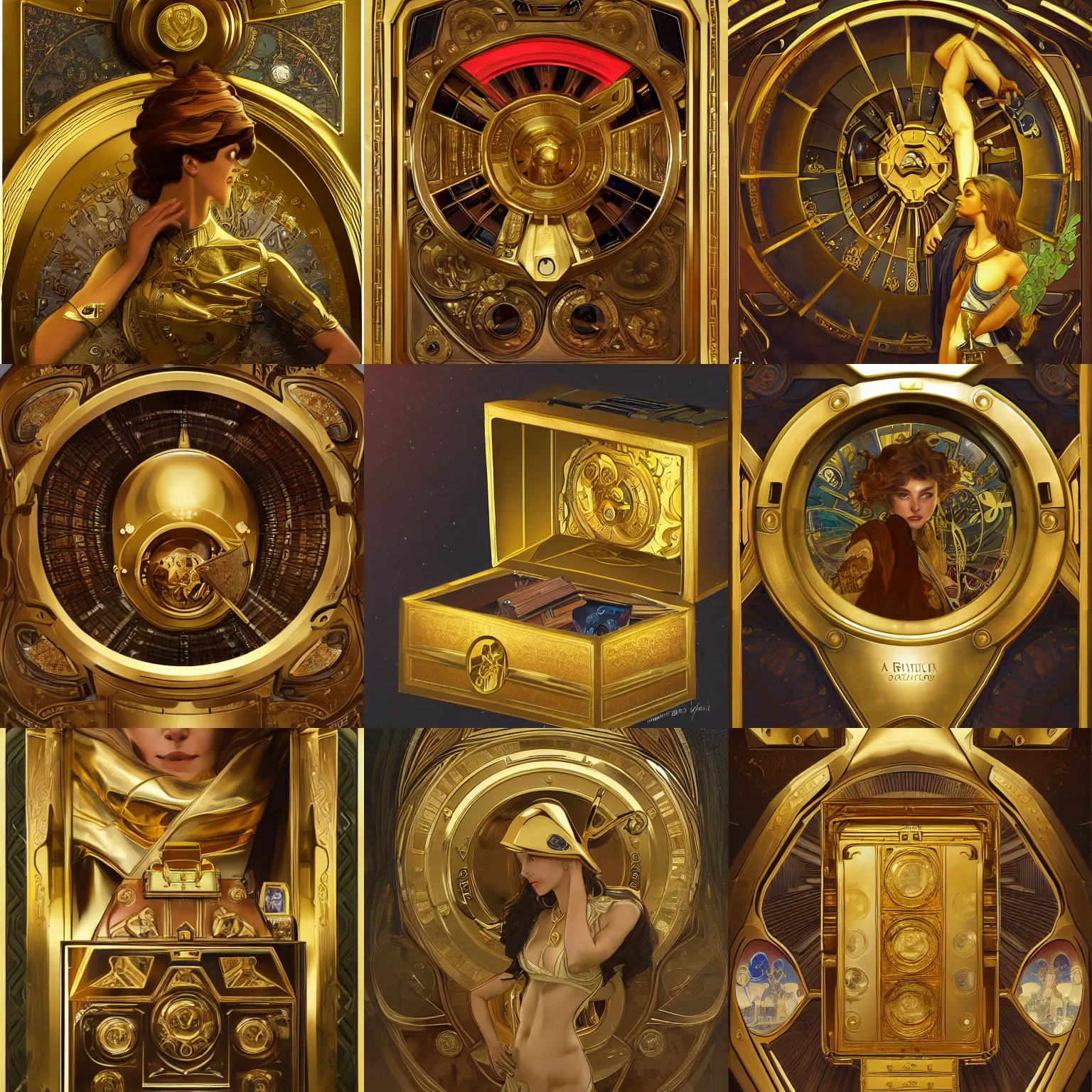 Prompt: a gold vault chest slightly open with hidden luxury goodies, scifi, interior, highly detailed, digital painting, artstation, concept art, fine art illustration, alphonse mucha