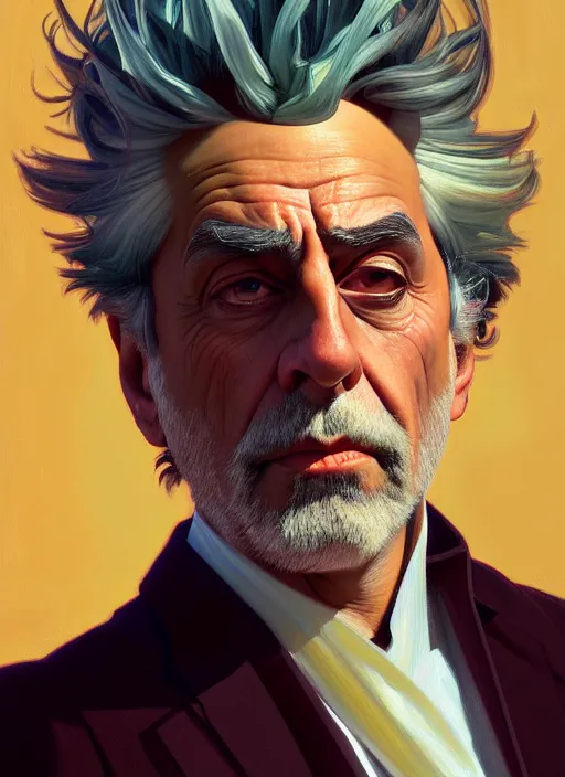 Prompt: oil portrait of rick sanchez, intricate, elegant, highly detailed, lighting, painting, artstation, smooth, illustration, art by greg rutowski and alphonse mucha