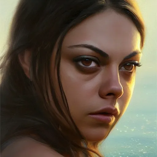 Image similar to winking mila kunis closeup portrait, dramatic light, lake background, 2 0 0 mm focal length, painted by stanley lau, painted by greg rutkowski, painted by stanley artgerm, digital art, trending on artstation