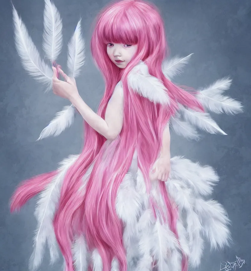 Prompt: little girl with eccentric pink hair wearing a dress made of white feather, anatomically perfect, art by dcwj,