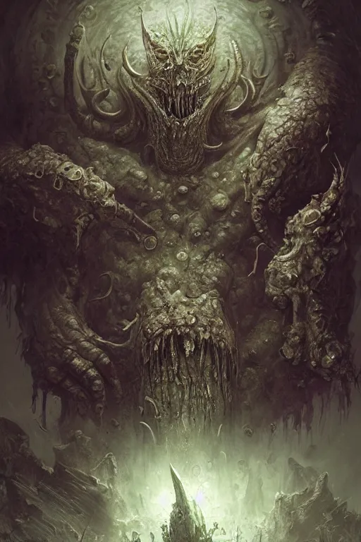 Image similar to the elder god nurgle, dark, intricate, highly detailed, smooth, artstation, digital illustration by ruan jia and mandy jurgens and artgerm and wayne barlowe and greg rutkowski and zdzislav beksinski