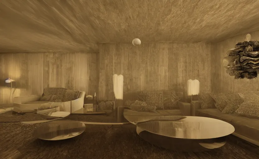 Image similar to a mandelbulb floating in the middle of a 1 9 7 0 s living room, 8 k render.