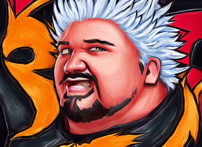Prompt: painting of guy fieri as a character in the game league of legends, with a background based on the game league of legends, detailed face, painterly, digital art, angular!!