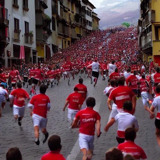 Image similar to the running of the bob rosses screaming in pamplona spain